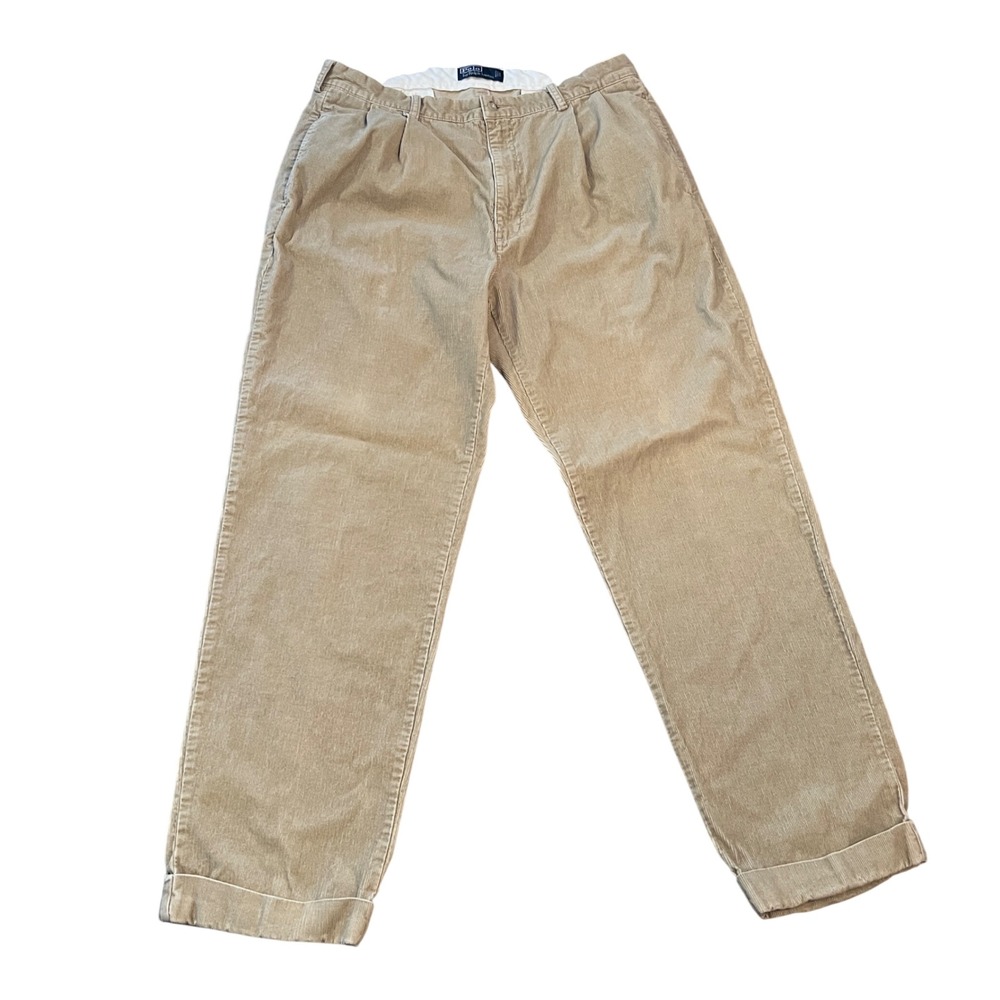 Polo Ralph Lauren Mens 38x32 Tan Corduroy Pleated Cuffed Pants 100% Cotton
